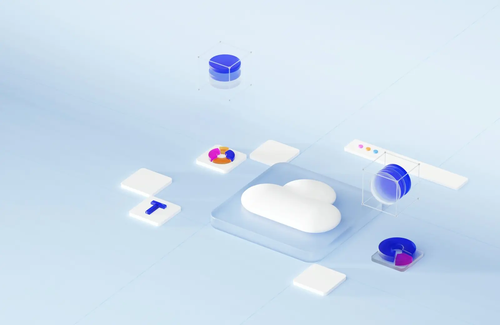 Illustration of a cloud icon surrounded by floating data charts